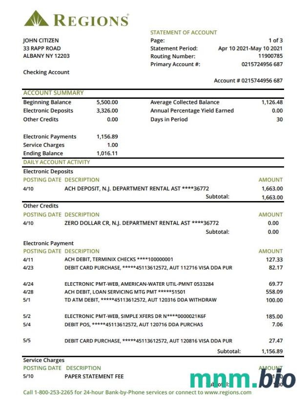 USA regiony wyciąg bankowy Word i PDF szablon, 3 strony, Wersja 2